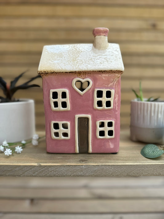 Pink Ceramic House Tealight Holder