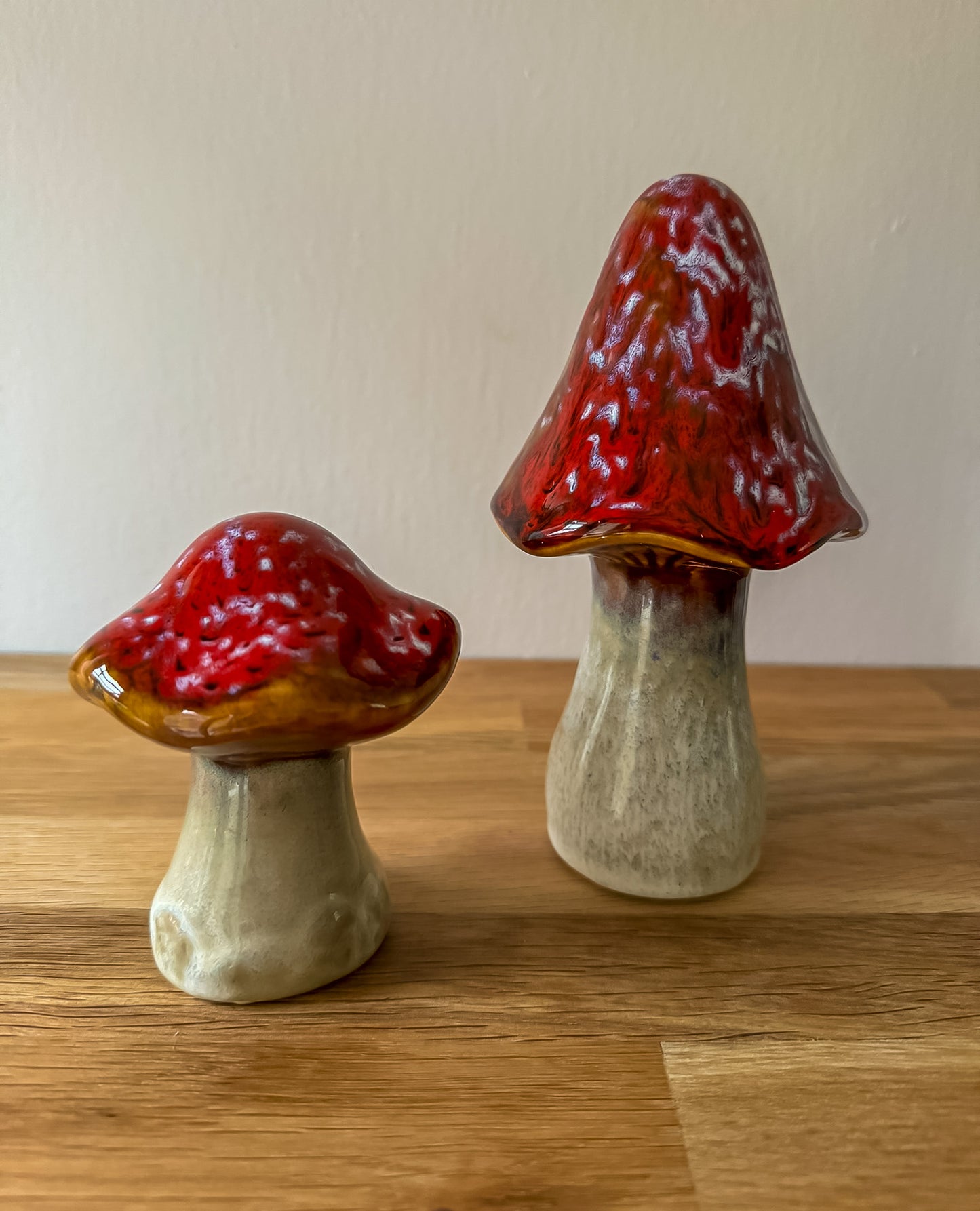 Red & White Glaze Ceramic Mushrooms / Toadstools Ornament